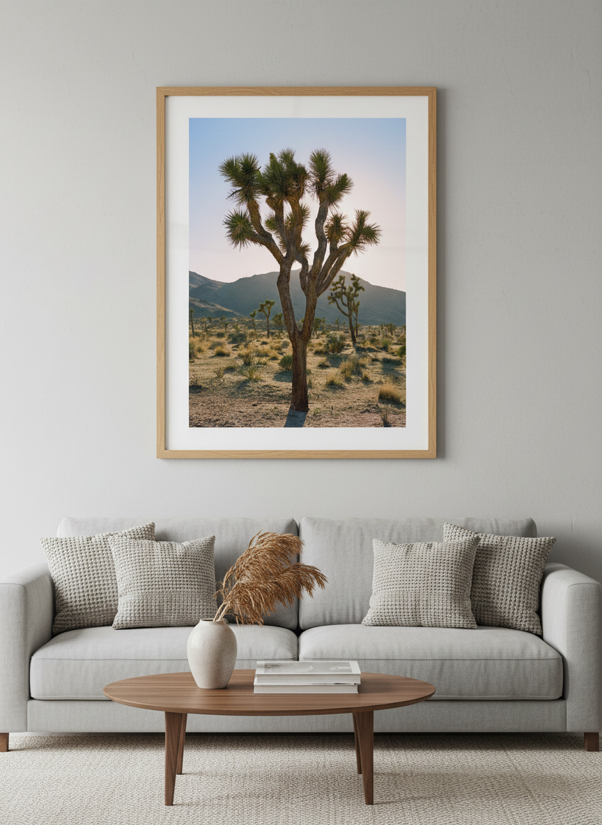Modern wall art styled above a sofa in a neutral living room