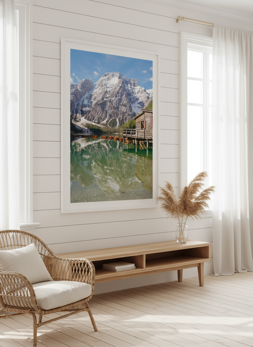 Neutral wall art displayed in a sunny coastal beach house