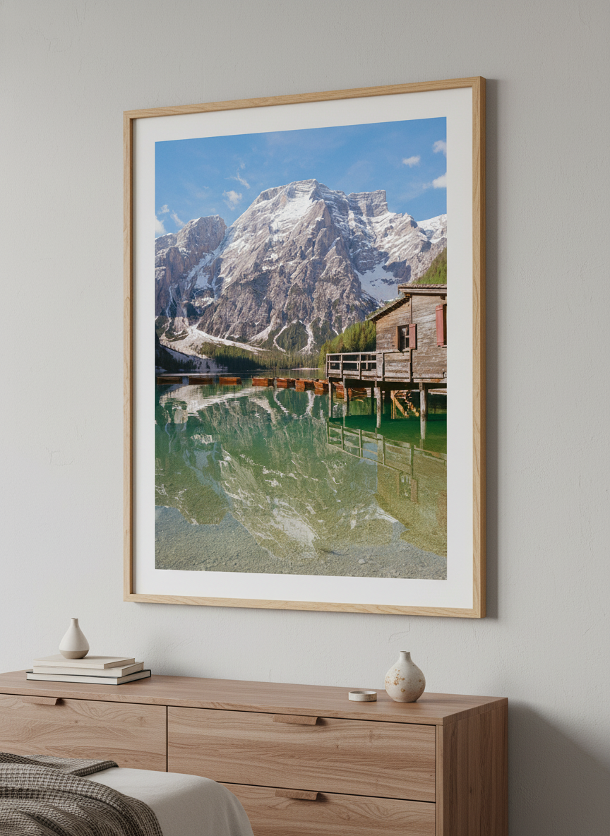 Minimalist artwork displayed in a calm, light-filled bedroom interior