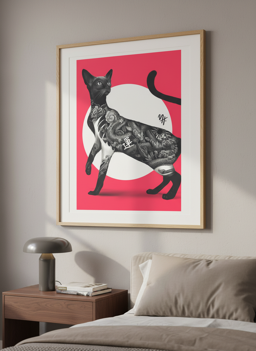 Minimalist artwork displayed in a calm, light-filled bedroom interior