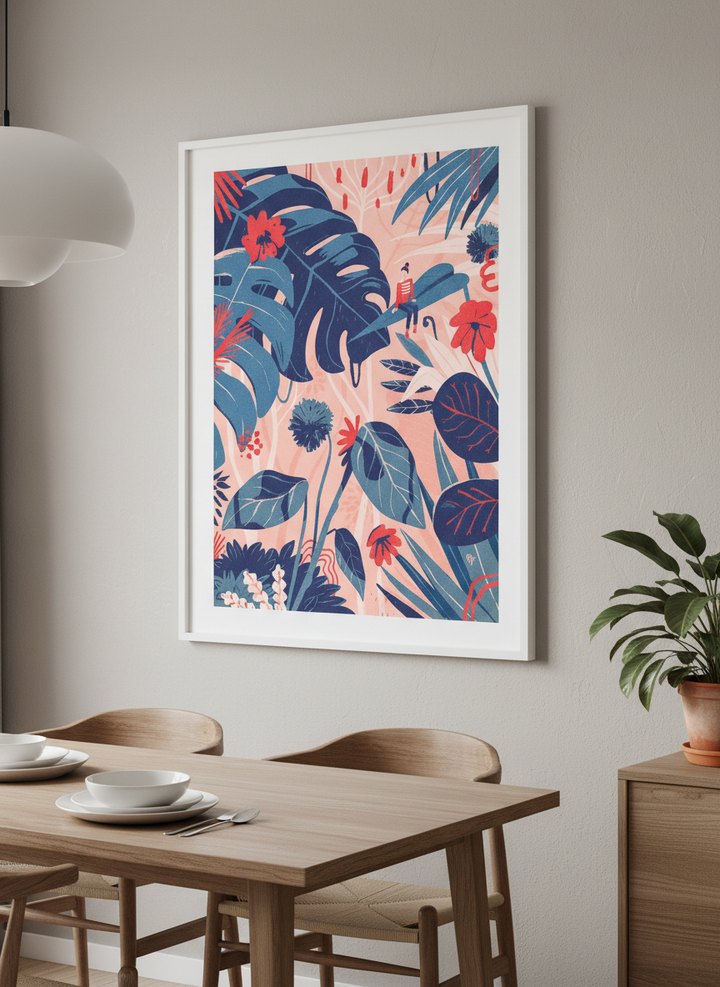Wall art styled above a dining table in a contemporary home