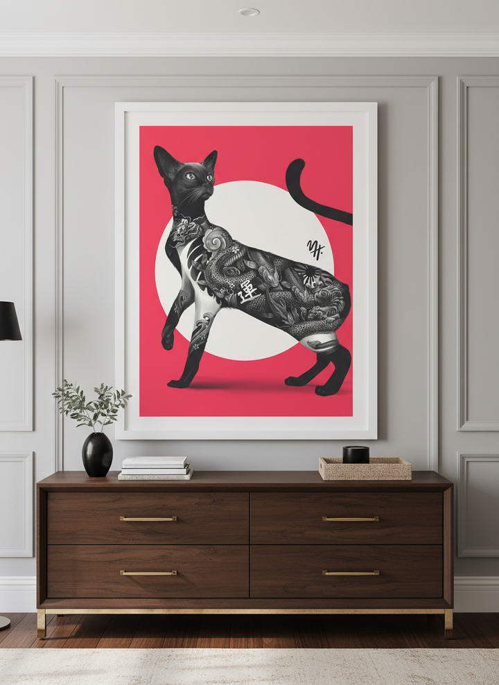 Monumental artwork centred on a feature wall in a luxe interior
