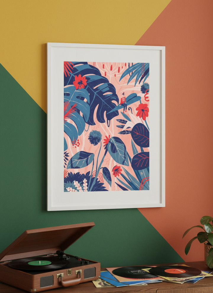 Bold wall art styled in a colourful, eclectic modern home