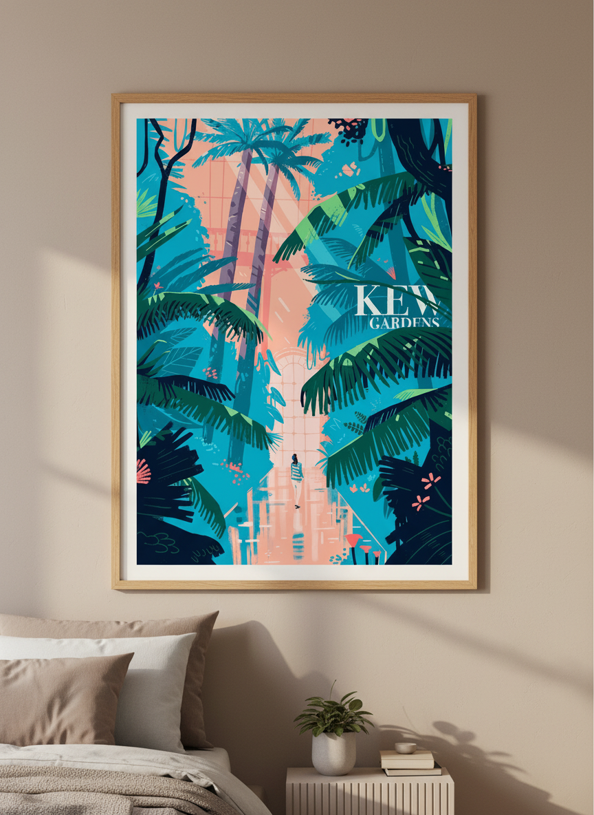 Minimalist artwork displayed in a calm, light-filled bedroom interior