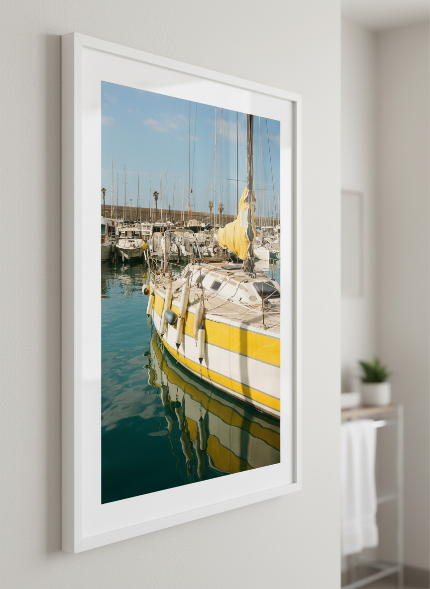 Modern print displayed in a clean minimalist bathroom setting
