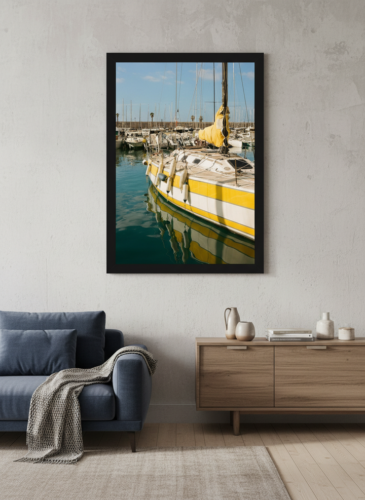 Modern wall art styled above a sofa in a neutral living room