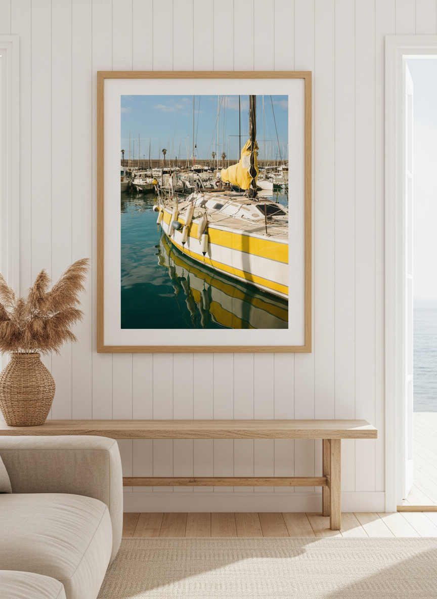 Neutral wall art displayed in a sunny coastal beach house