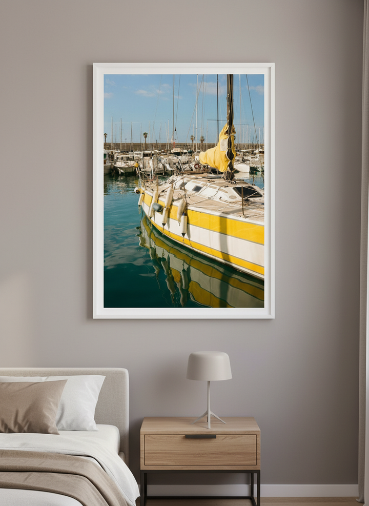 Minimalist artwork displayed in a calm, light-filled bedroom interior