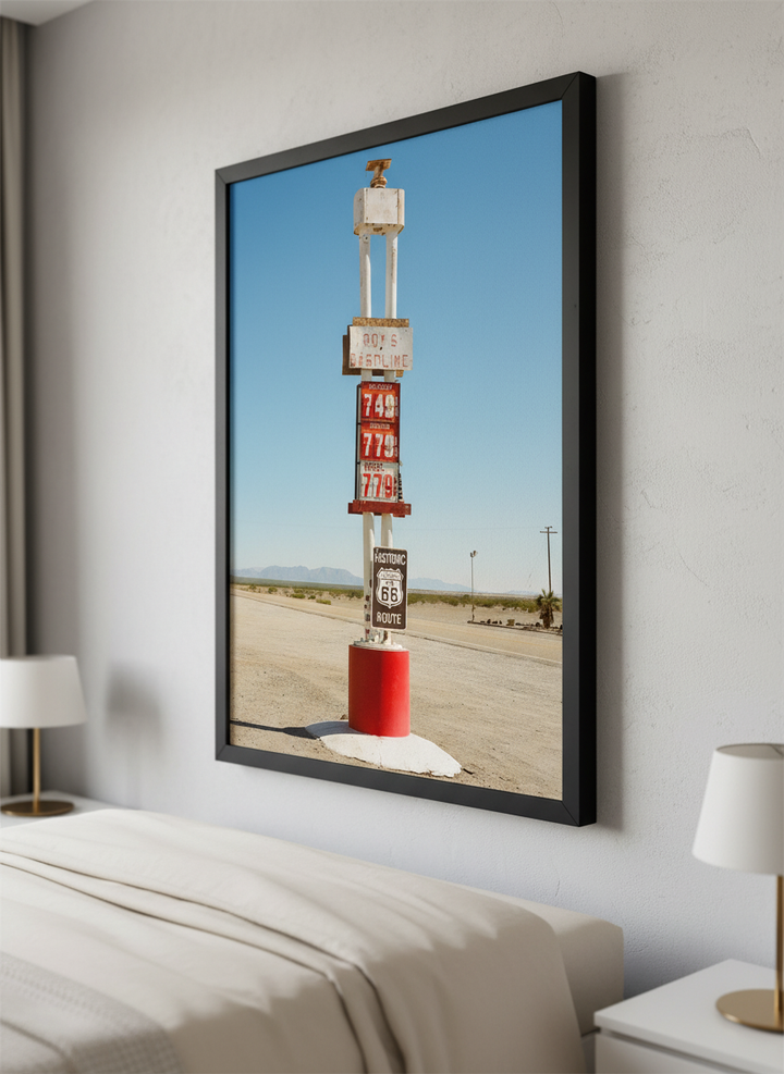 Minimalist artwork displayed in a calm, light-filled bedroom interior