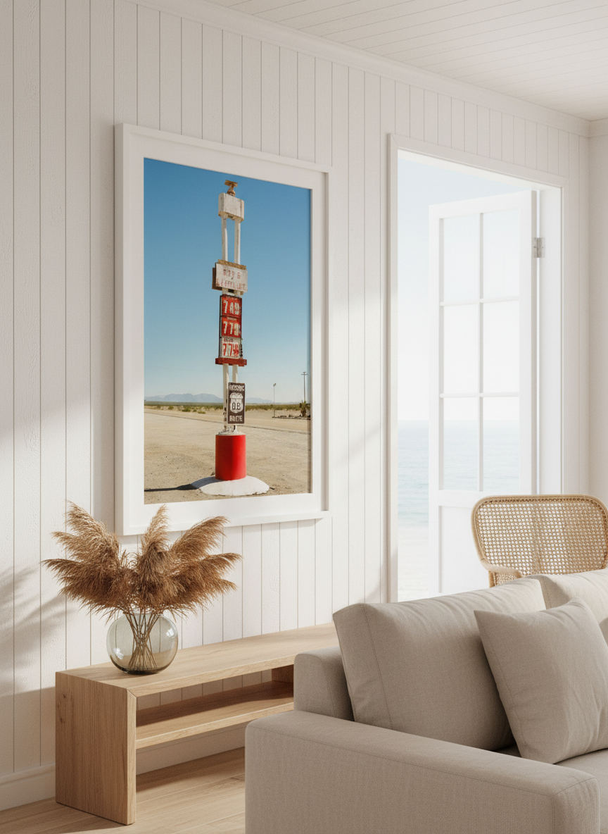 Neutral wall art displayed in a sunny coastal beach house