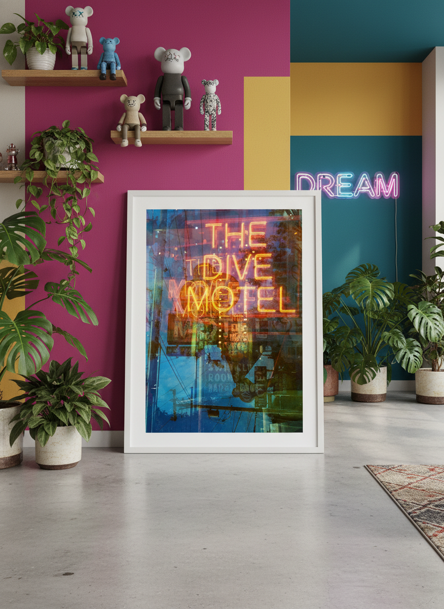 Bold wall art styled in a colourful, eclectic modern home