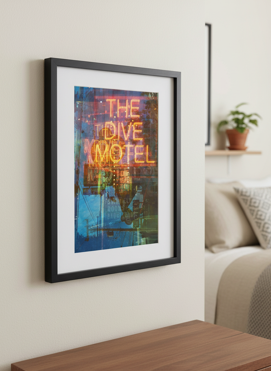 Minimalist artwork displayed in a calm, light-filled bedroom interior