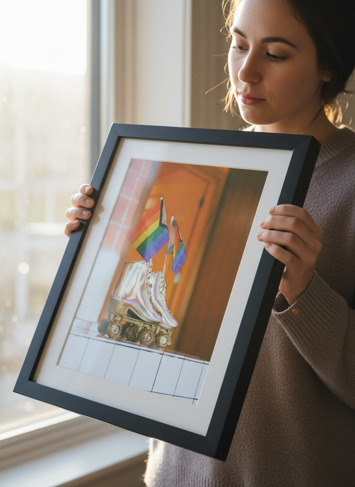 Person showcasing the artwork against a clean modern interior wall