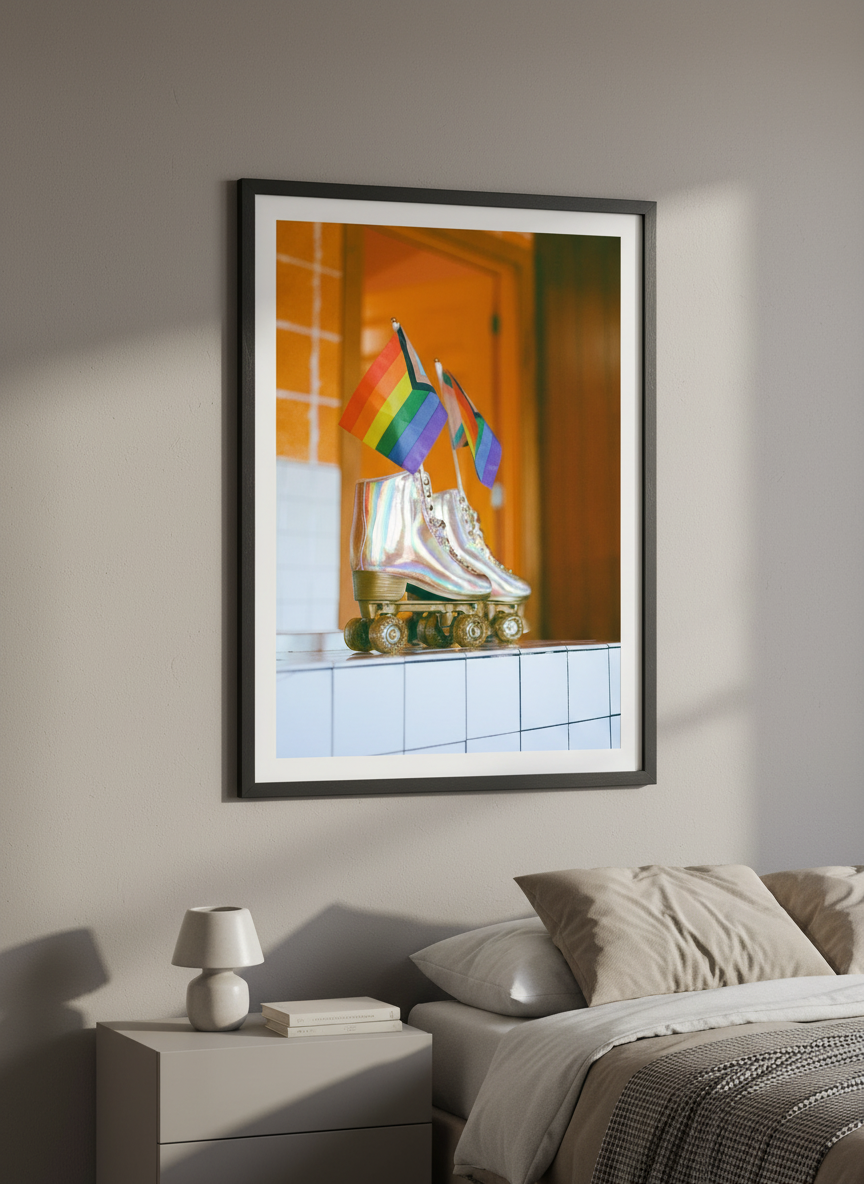 Minimalist artwork displayed in a calm, light-filled bedroom interior