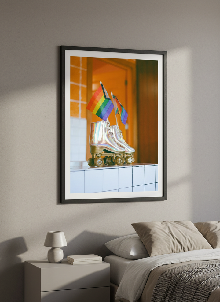 Minimalist artwork displayed in a calm, light-filled bedroom interior