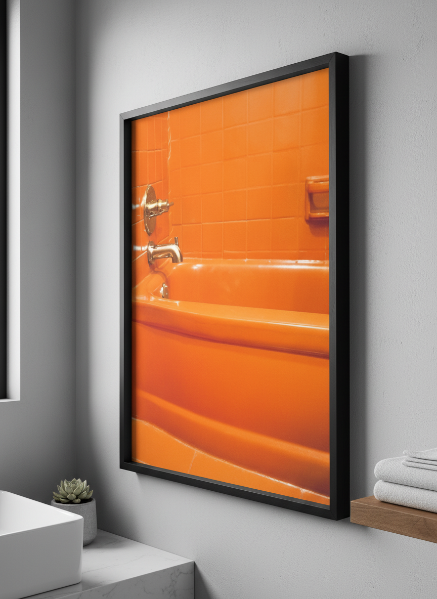 Modern print displayed in a clean minimalist bathroom setting