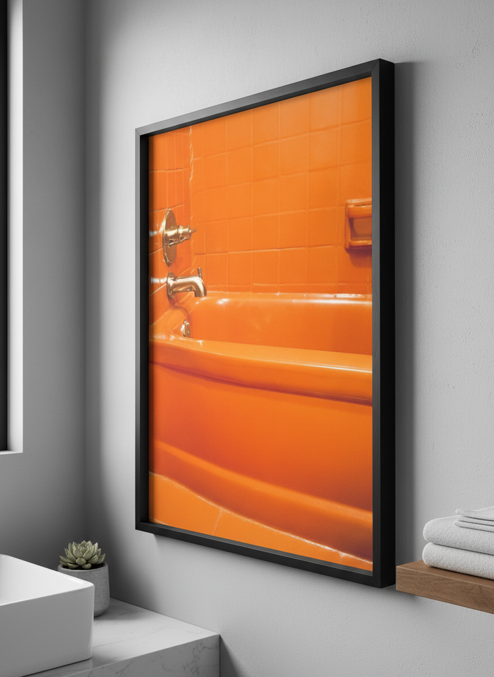 Modern print displayed in a clean minimalist bathroom setting