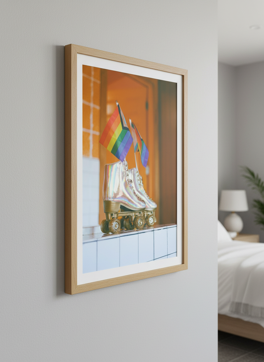 Minimalist artwork displayed in a calm, light-filled bedroom interior