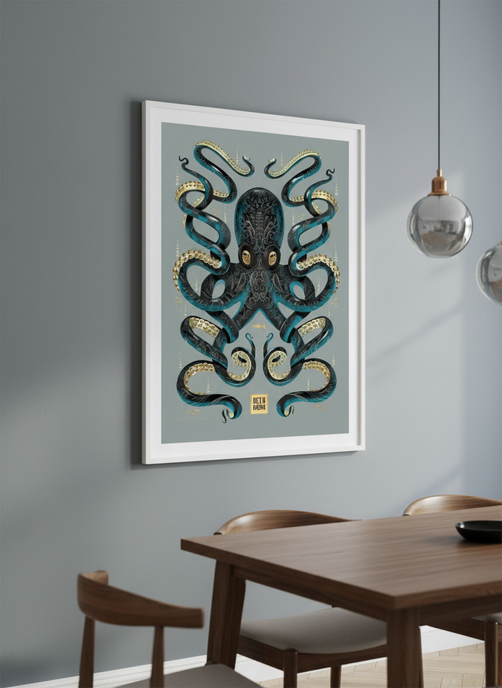 Wall art styled above a dining table in a contemporary home