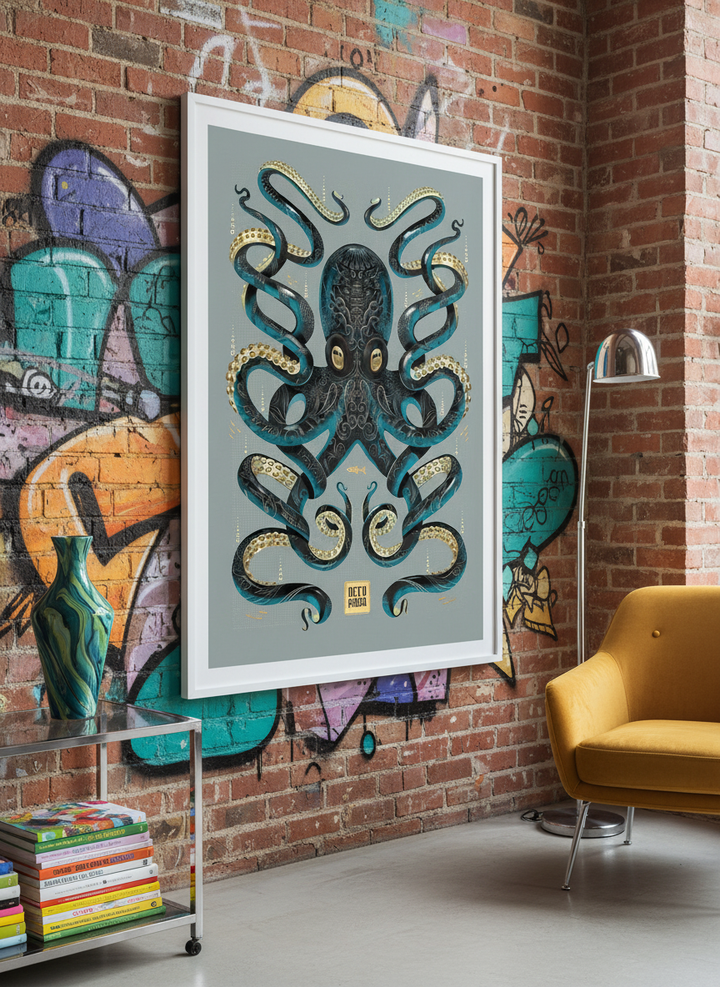 Bold wall art styled in a colourful, eclectic modern home