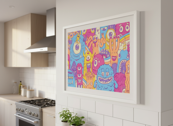 Artwork styled on the wall of a bright modern kitchen