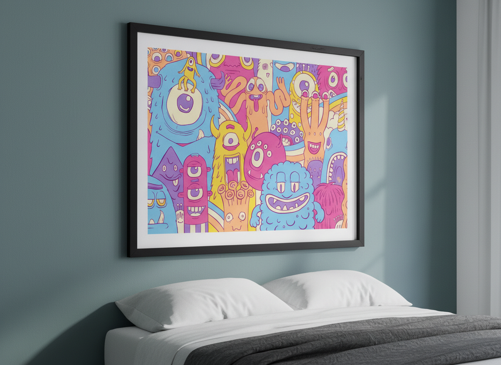 Minimalist artwork displayed in a calm, light-filled bedroom interior