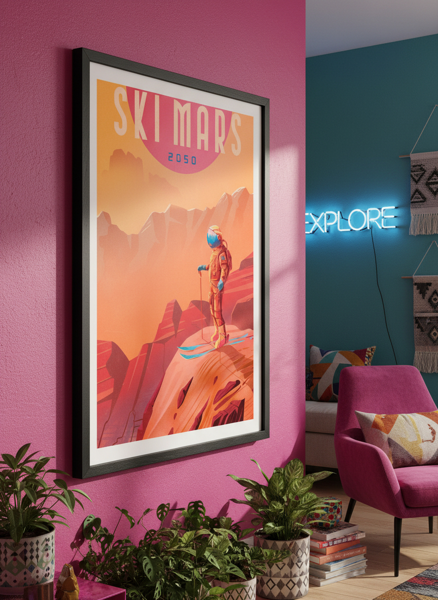 Bold wall art styled in a colourful, eclectic modern home