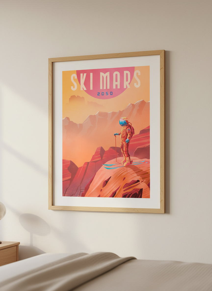 Minimalist artwork displayed in a calm, light-filled bedroom interior