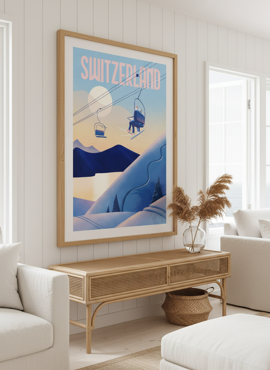 Neutral wall art displayed in a sunny coastal beach house