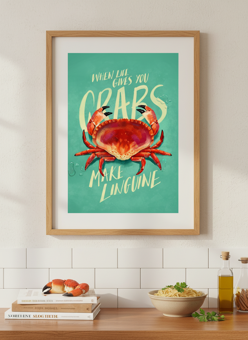 Artwork styled on the wall of a bright modern kitchen