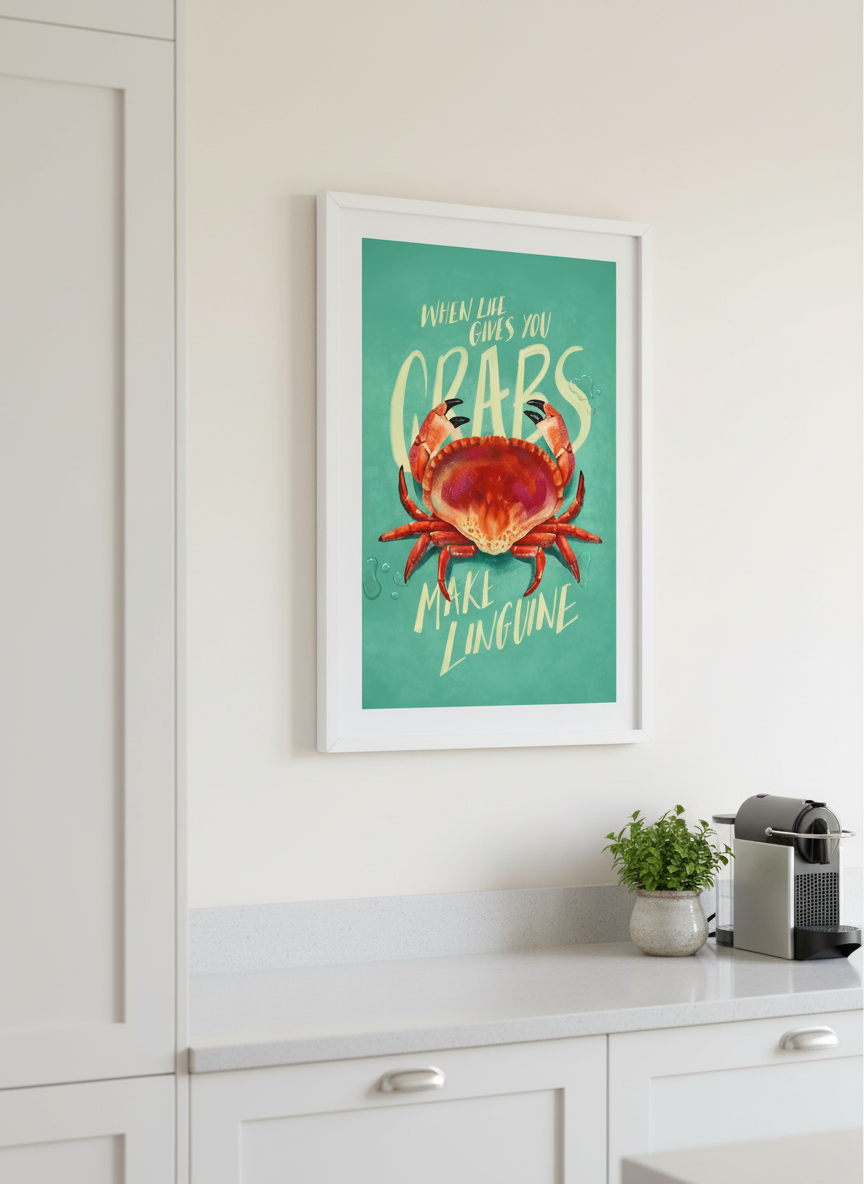 Artwork styled on the wall of a bright modern kitchen