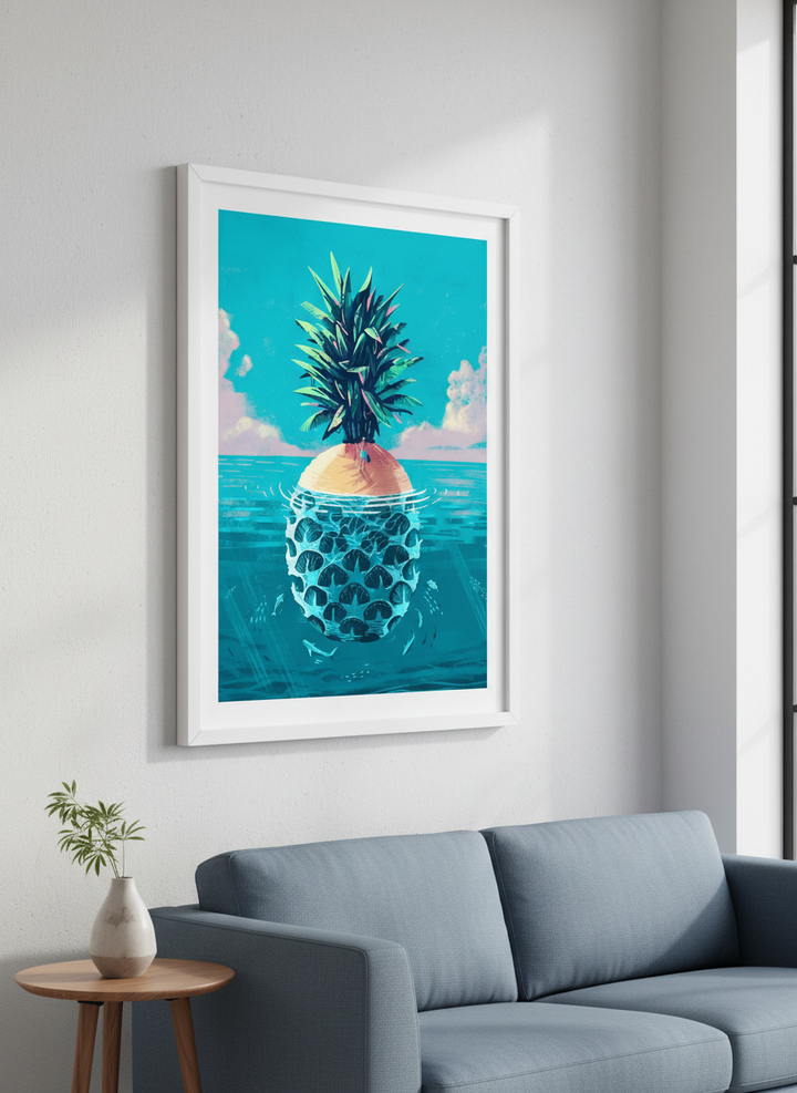Modern wall art styled above a sofa in a neutral living room