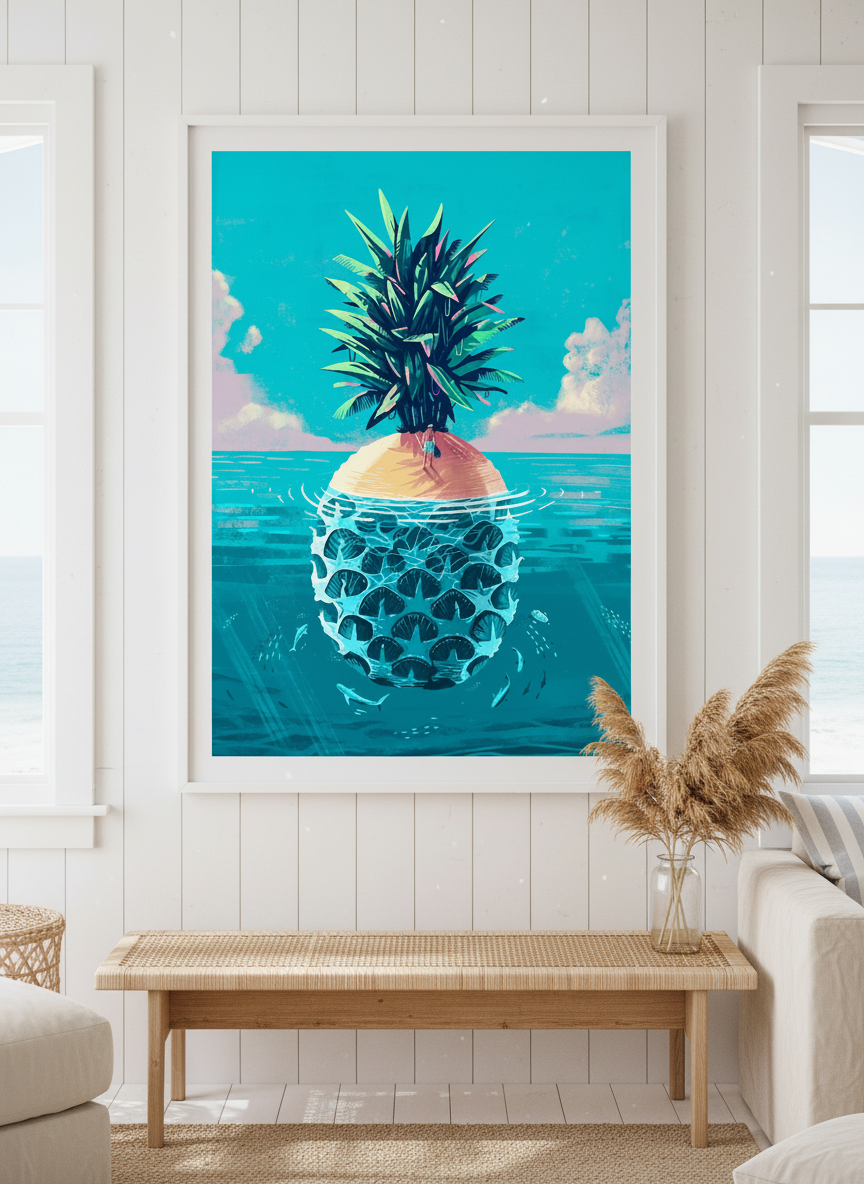 Neutral wall art displayed in a sunny coastal beach house
