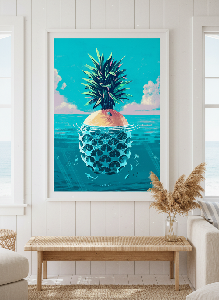 Neutral wall art displayed in a sunny coastal beach house