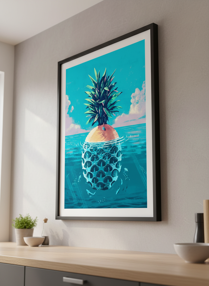 Artwork styled on the wall of a bright modern kitchen