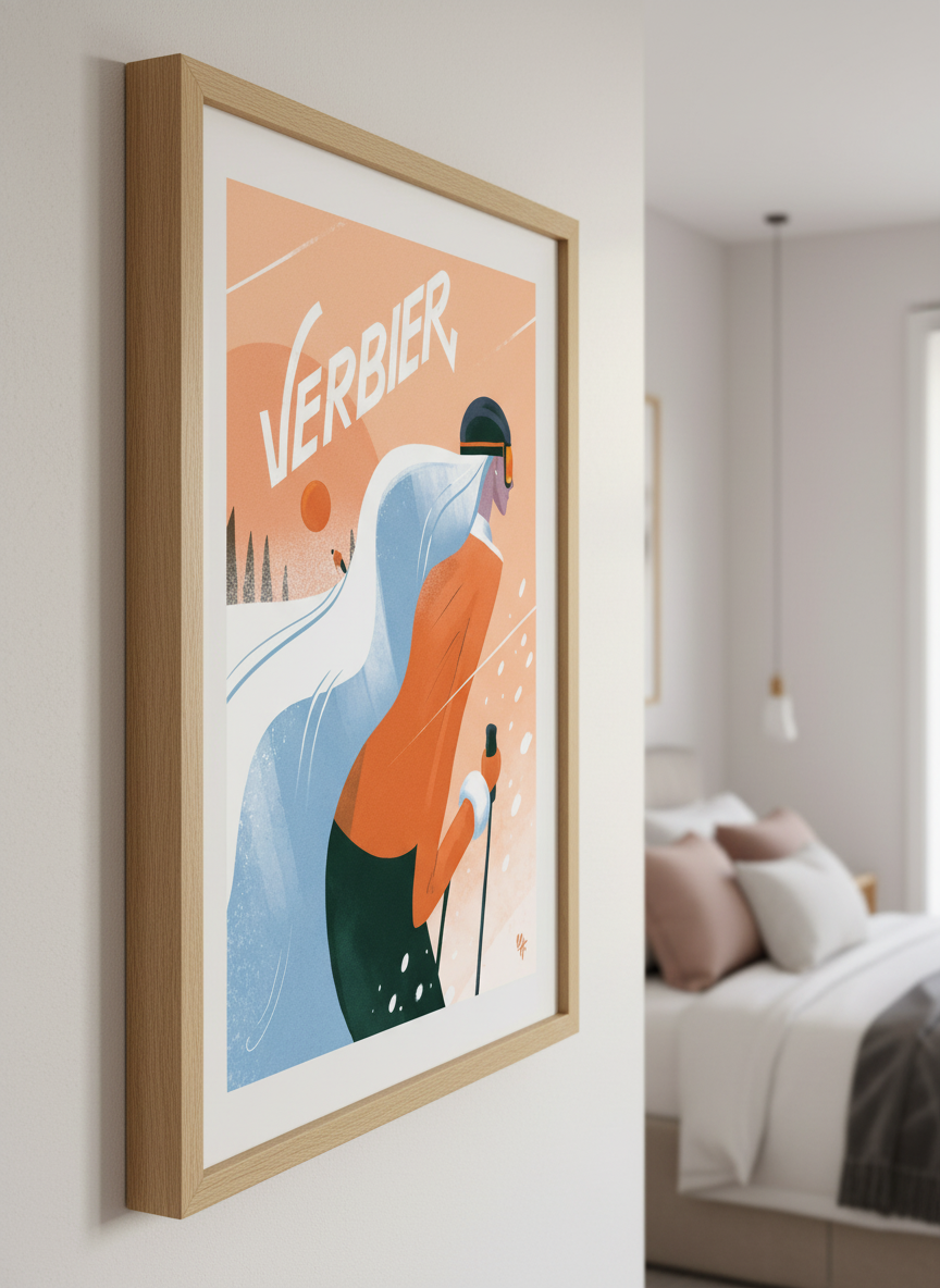 Minimalist artwork displayed in a calm, light-filled bedroom interior
