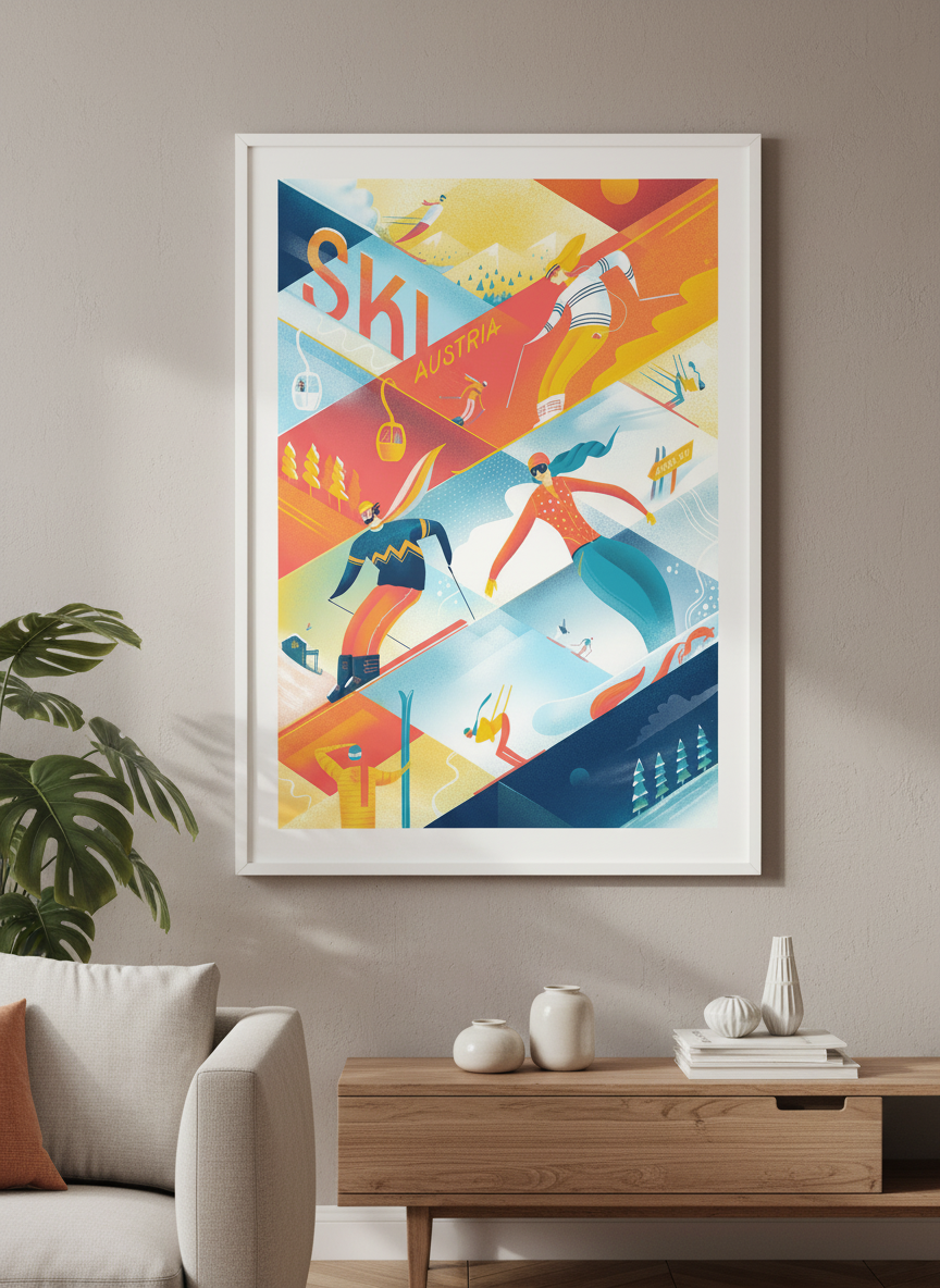 Modern wall art styled above a sofa in a neutral living room