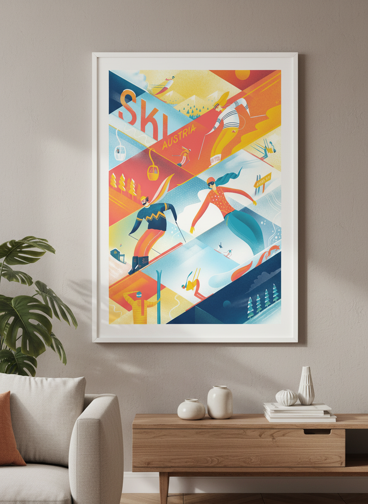 Modern wall art styled above a sofa in a neutral living room