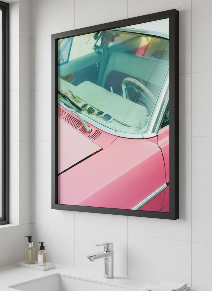 Modern print displayed in a clean minimalist bathroom setting