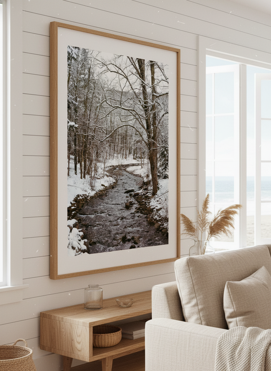 Neutral wall art displayed in a sunny coastal beach house