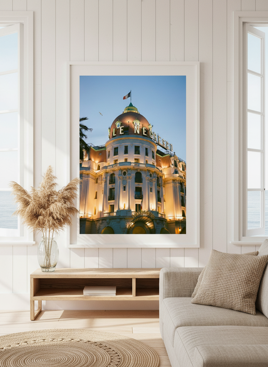 Neutral wall art displayed in a sunny coastal beach house