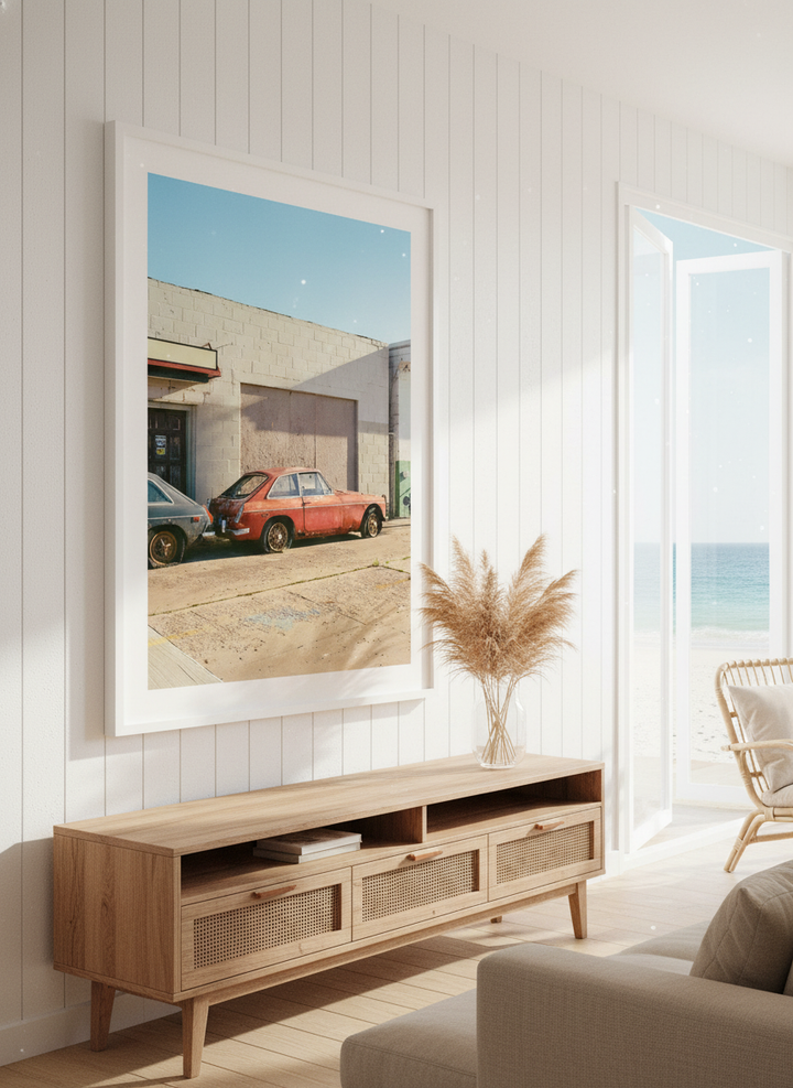 Neutral wall art displayed in a sunny coastal beach house