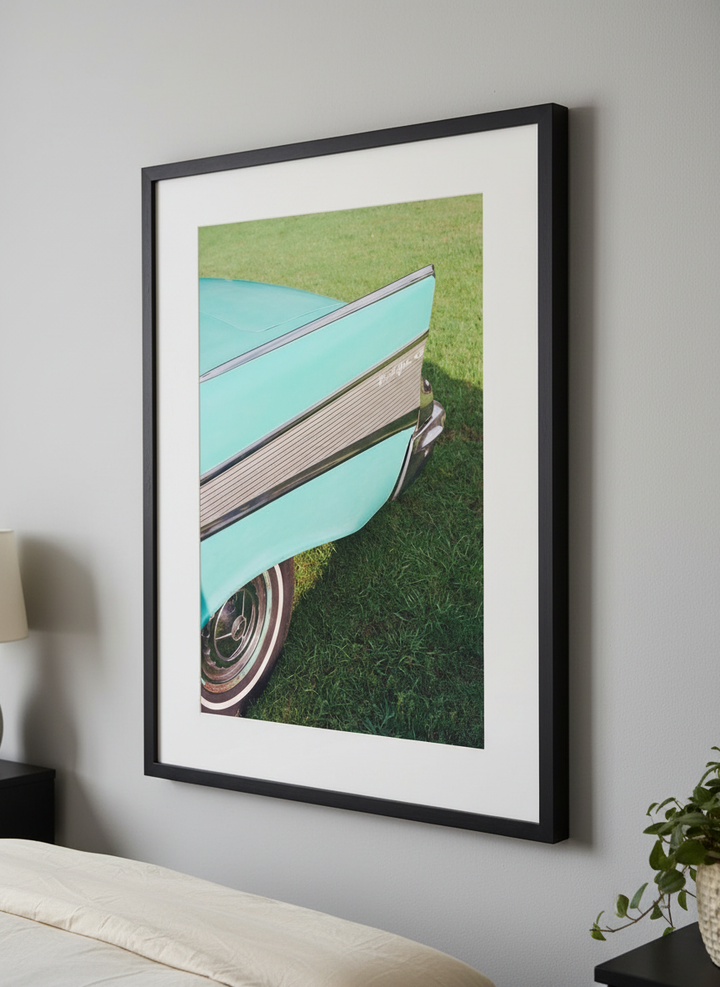 Minimalist artwork displayed in a calm, light-filled bedroom interior