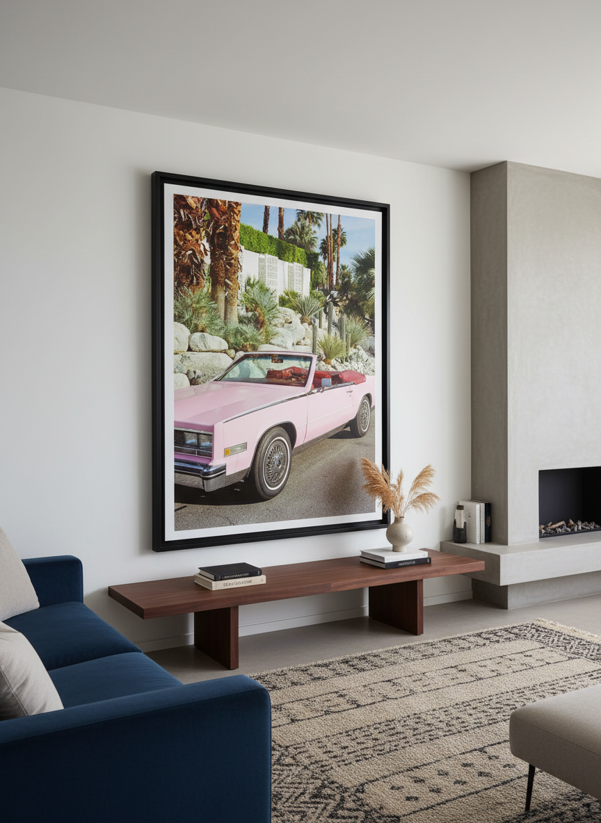 Monumental artwork centred on a feature wall in a luxe interior