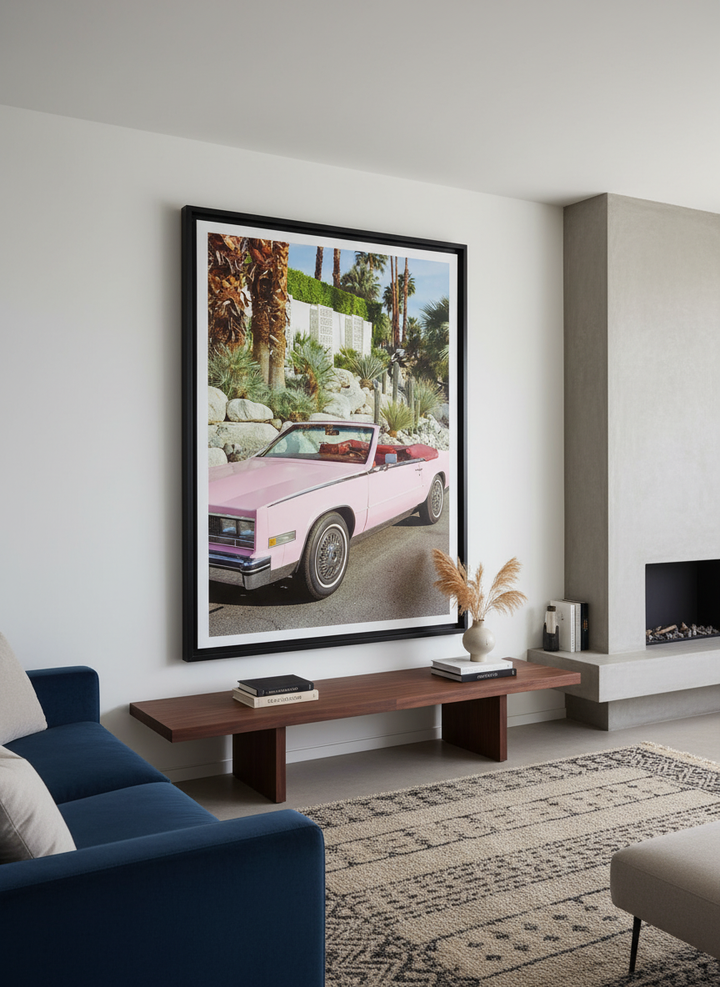 Monumental artwork centred on a feature wall in a luxe interior
