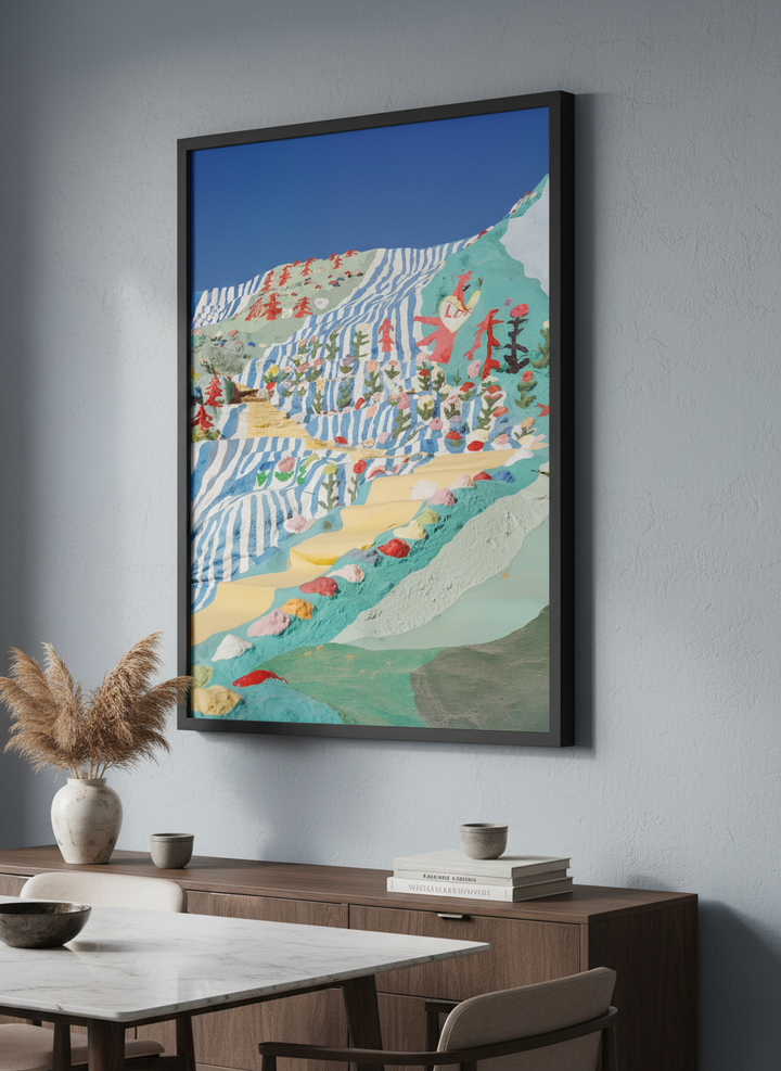 Wall art styled above a dining table in a contemporary home