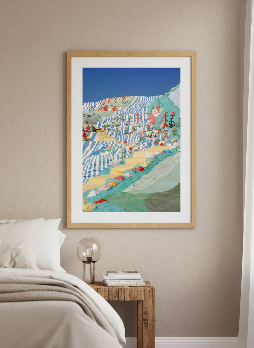 Minimalist artwork displayed in a calm, light-filled bedroom interior