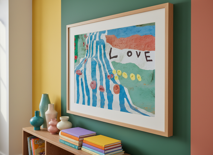 Bold wall art styled in a colourful, eclectic modern home