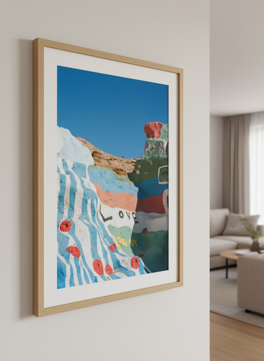 Modern wall art styled above a sofa in a neutral living room