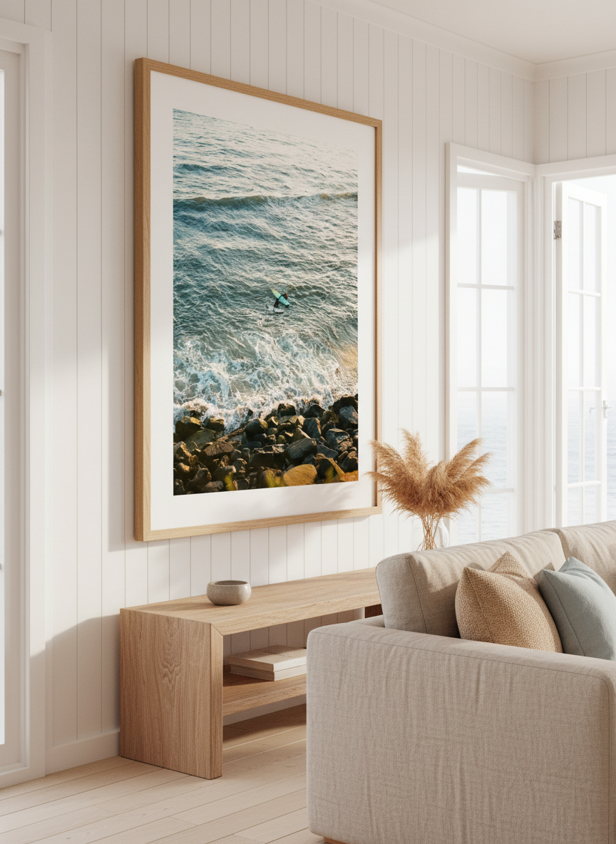 Neutral wall art displayed in a sunny coastal beach house